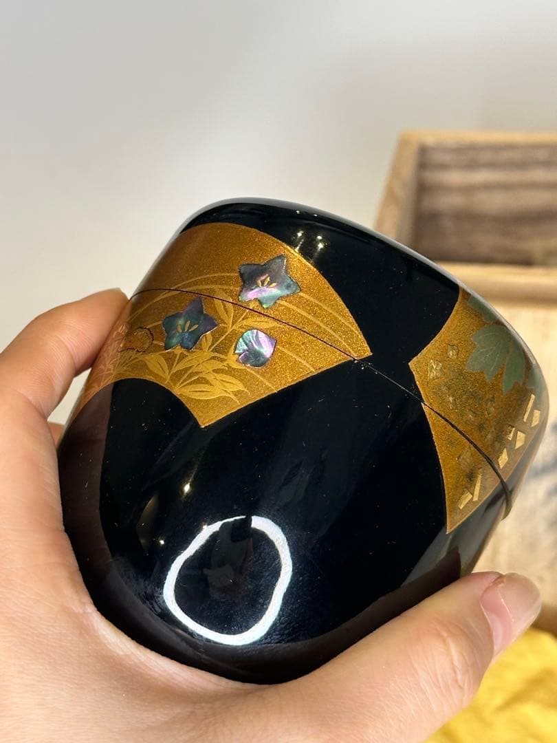 一兆作 茶棗 茶道具 漆芸 洒金 描金 螺鈿嵌 作家物 底部款識 共箱 共布