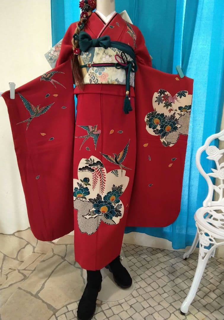 振袖フルセット、正絹紅型振袖、成人式、重ね衿、帯揚げ帯締め、西陣袋帯、襦袢