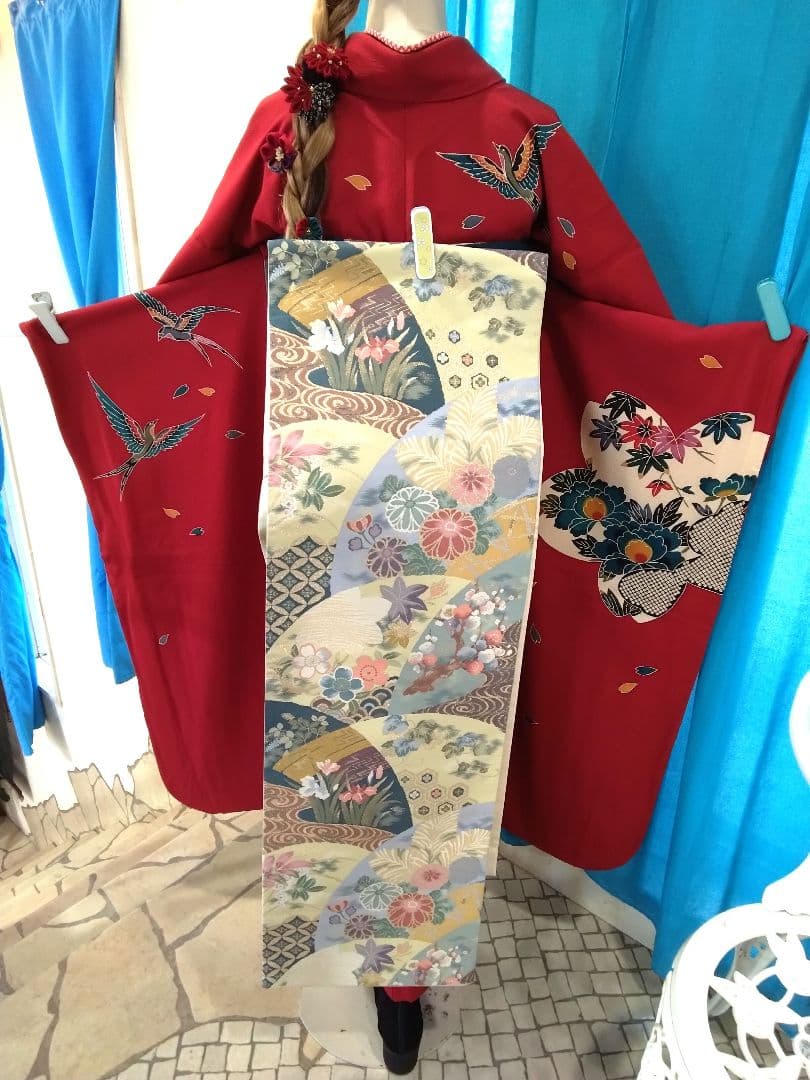 振袖フルセット、正絹紅型振袖、成人式、重ね衿、帯揚げ帯締め、西陣袋帯、襦袢