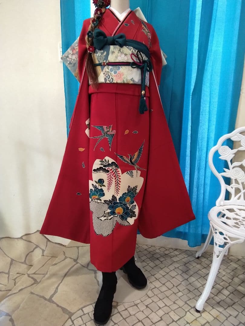 振袖フルセット、正絹紅型振袖、成人式、重ね衿、帯揚げ帯締め、西陣袋帯、襦袢