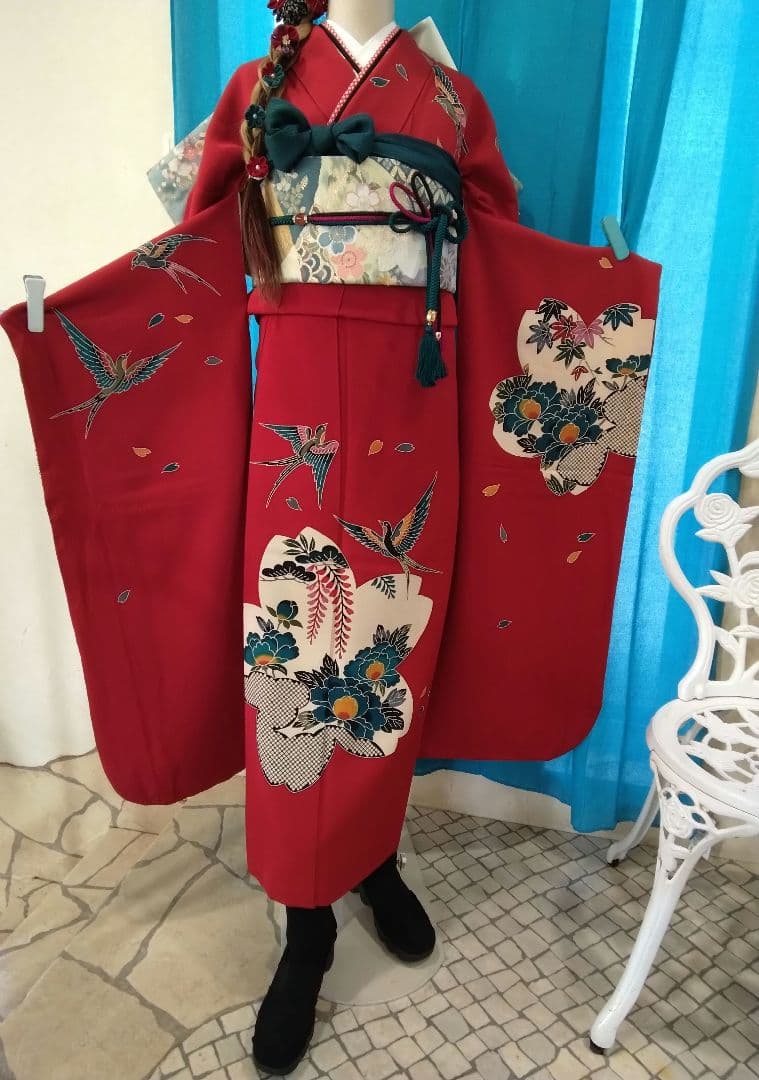 振袖フルセット、正絹紅型振袖、成人式、重ね衿、帯揚げ帯締め、西陣袋帯、襦袢