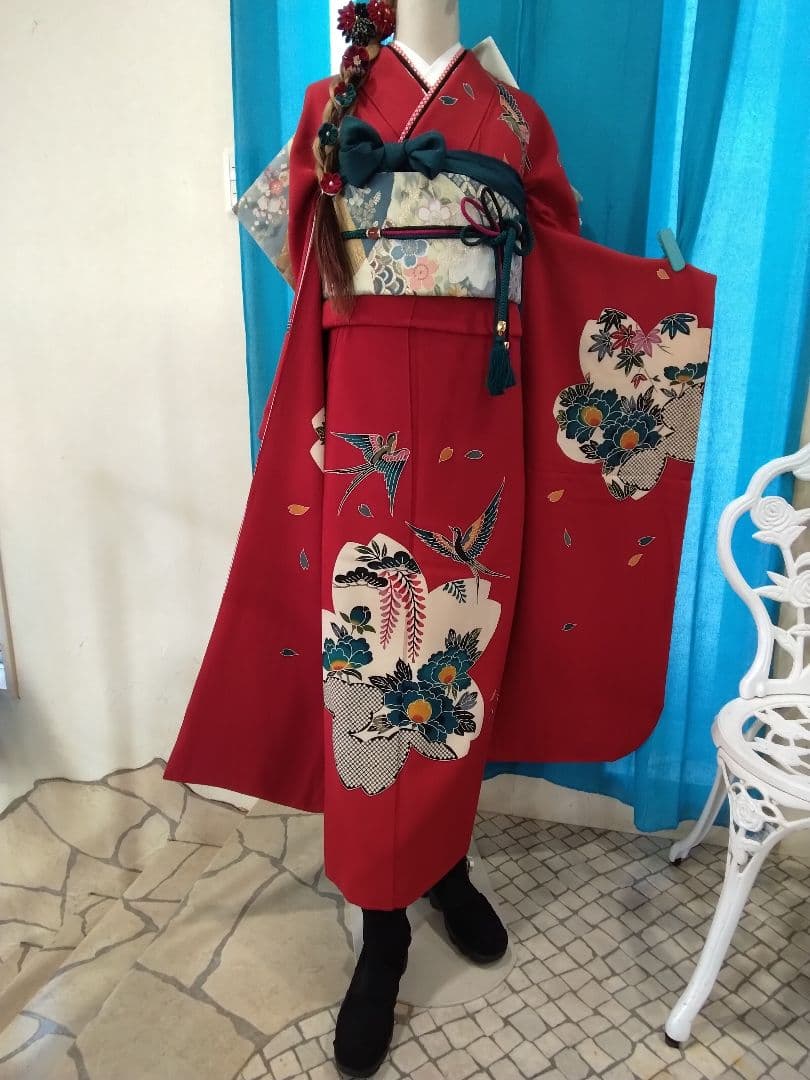 振袖フルセット、正絹紅型振袖、成人式、重ね衿、帯揚げ帯締め、西陣袋帯、襦袢