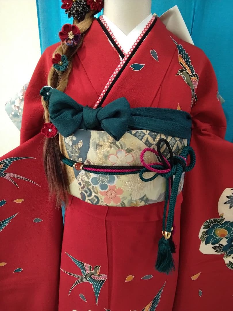 振袖フルセット、正絹紅型振袖、成人式、重ね衿、帯揚げ帯締め、西陣袋帯、襦袢