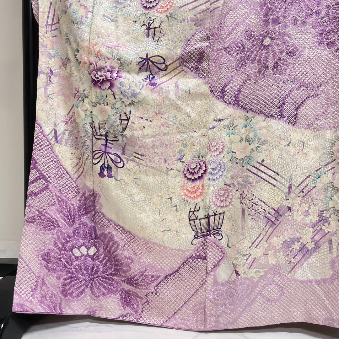振袖　総絞り　銀彩　牡丹　梅花　薄紫　成人式　着物　125tz