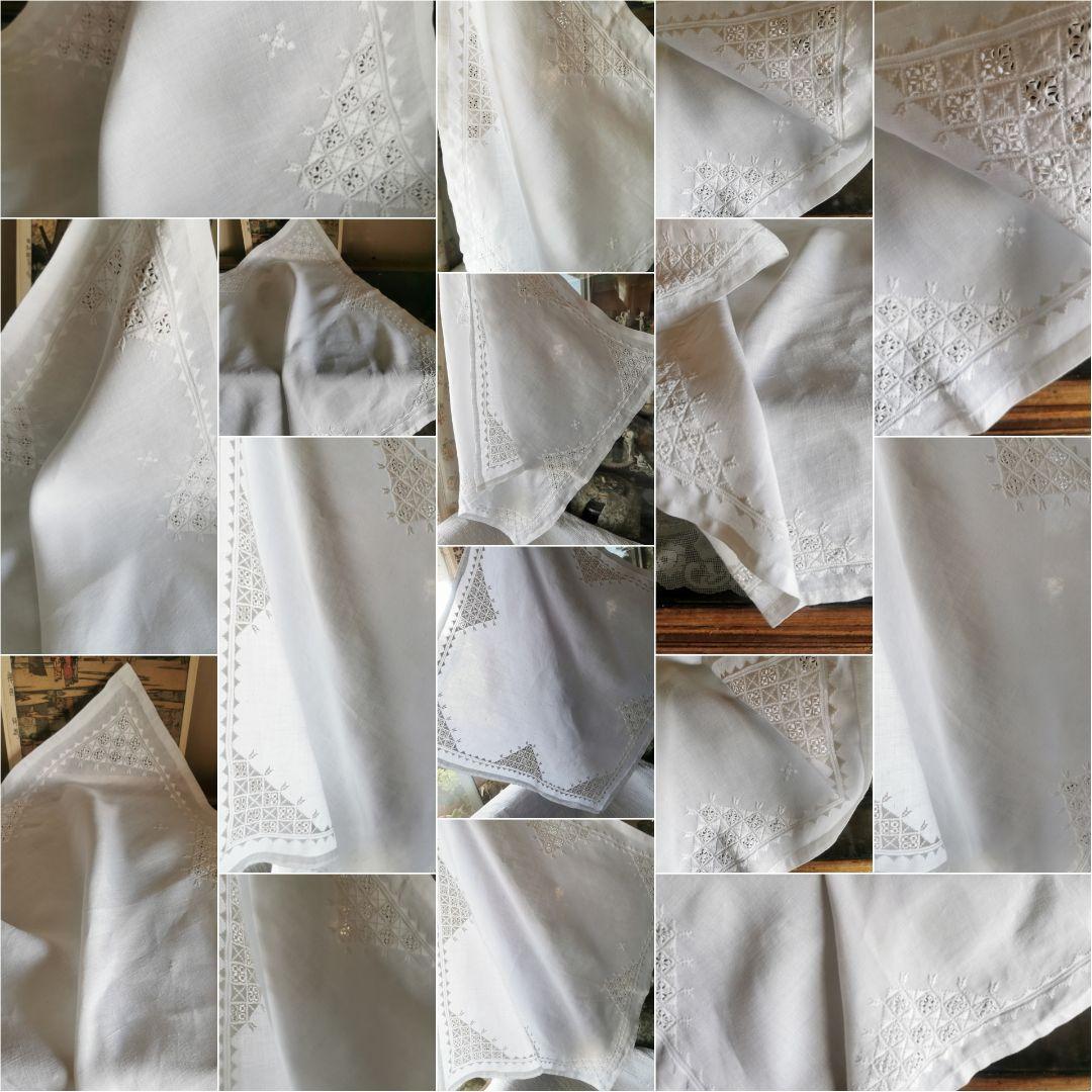 アンティーク ハーダンガー風 盛上げ＆透かし手刺繍クロス とろみのある上質リネン