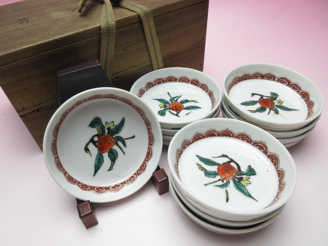 九谷 角福 赤絵 桃紋 豆皿 小皿 １０枚 MO70718