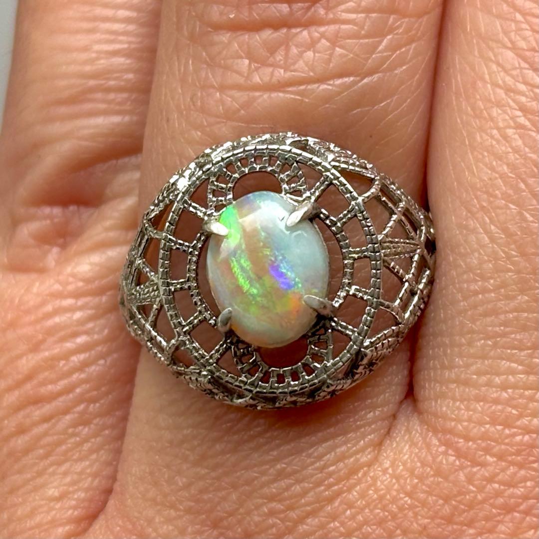 セミブラックオパールシルバーリングアールデコ フィリグリースタイルリボンパターン