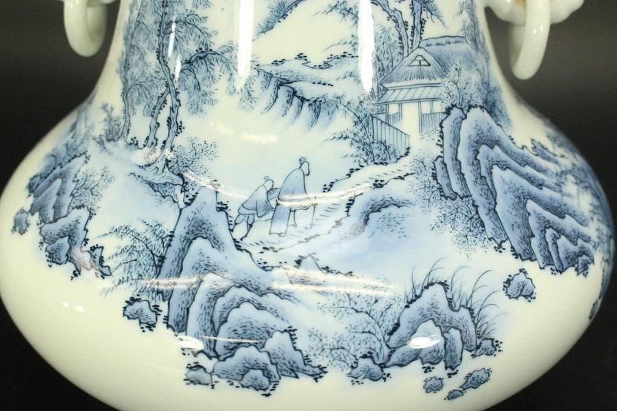 鍋島 象耳 染付 山水紋 花瓶 共箱 美品(BB494)