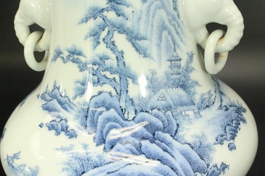 鍋島 象耳 染付 山水紋 花瓶 共箱 美品(BB494)