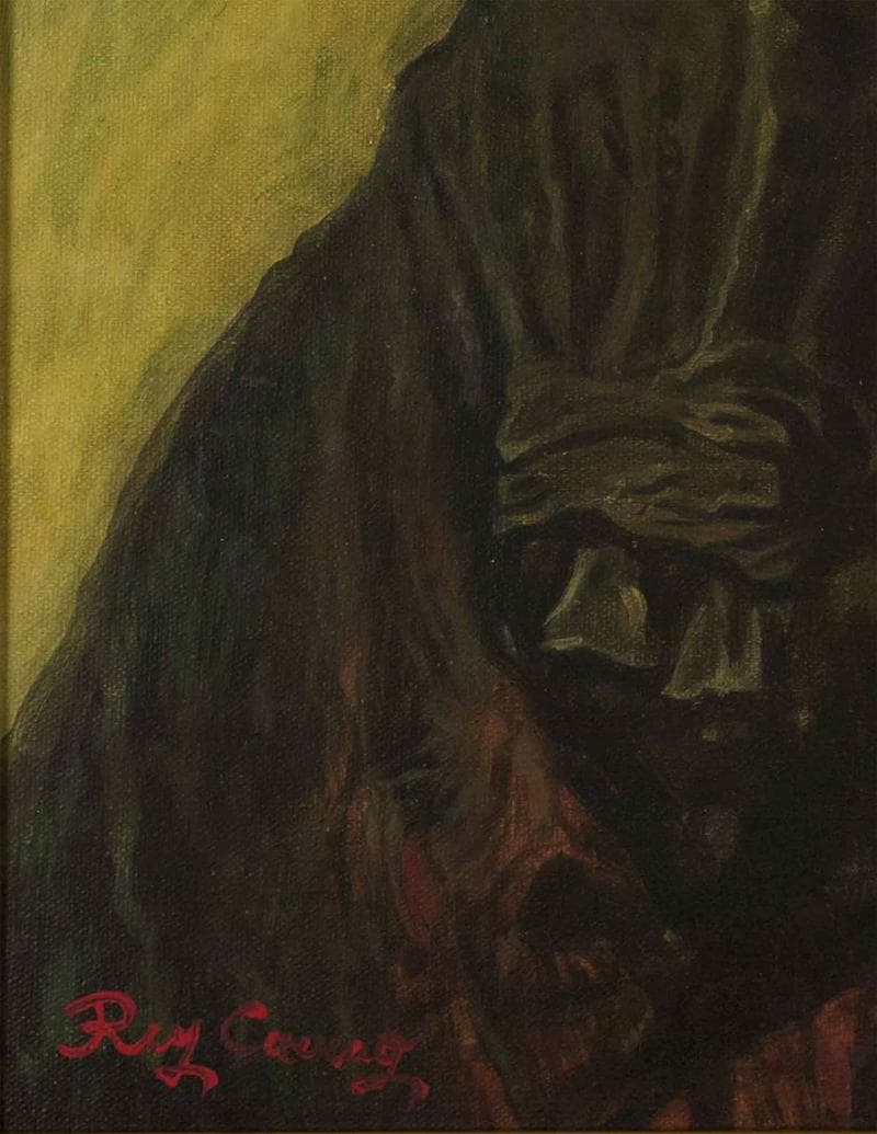 鴨居玲　油彩　肉筆『傷痍軍人』表サイン　裏サイン　F6号　額装　b458