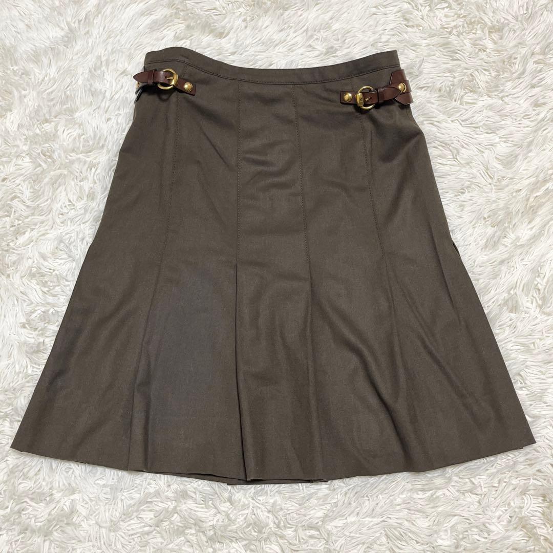 美品✨ GUCCI プリーツスカート ビット レザー 金ボタン ウール カーキ