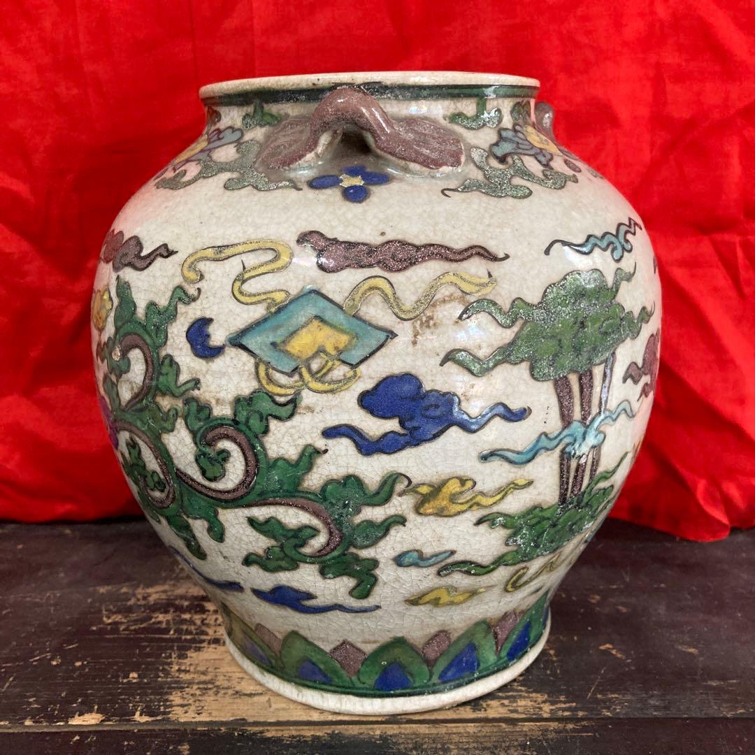 中国　色絵　三耳壺　鳳凰図