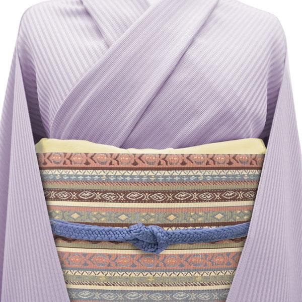 名古屋帯 八寸 本場筑前博多織 博多織 全通 縞 草花 七宝 中古 kp2305