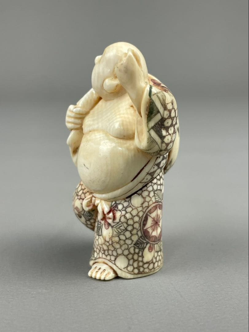時代根付 極上細密彫り白材 マンモス牙製 作家物 天然素材 在銘 正光 布袋