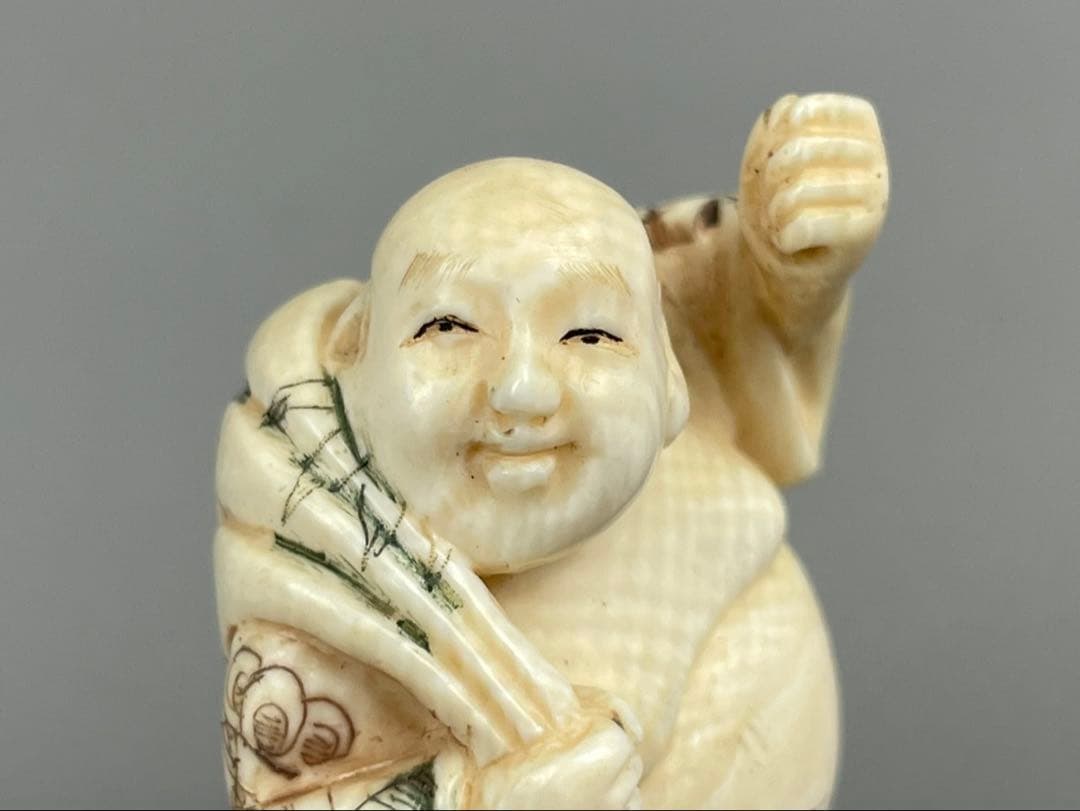 時代根付 極上細密彫り白材 マンモス牙製 作家物 天然素材 在銘 正光 布袋