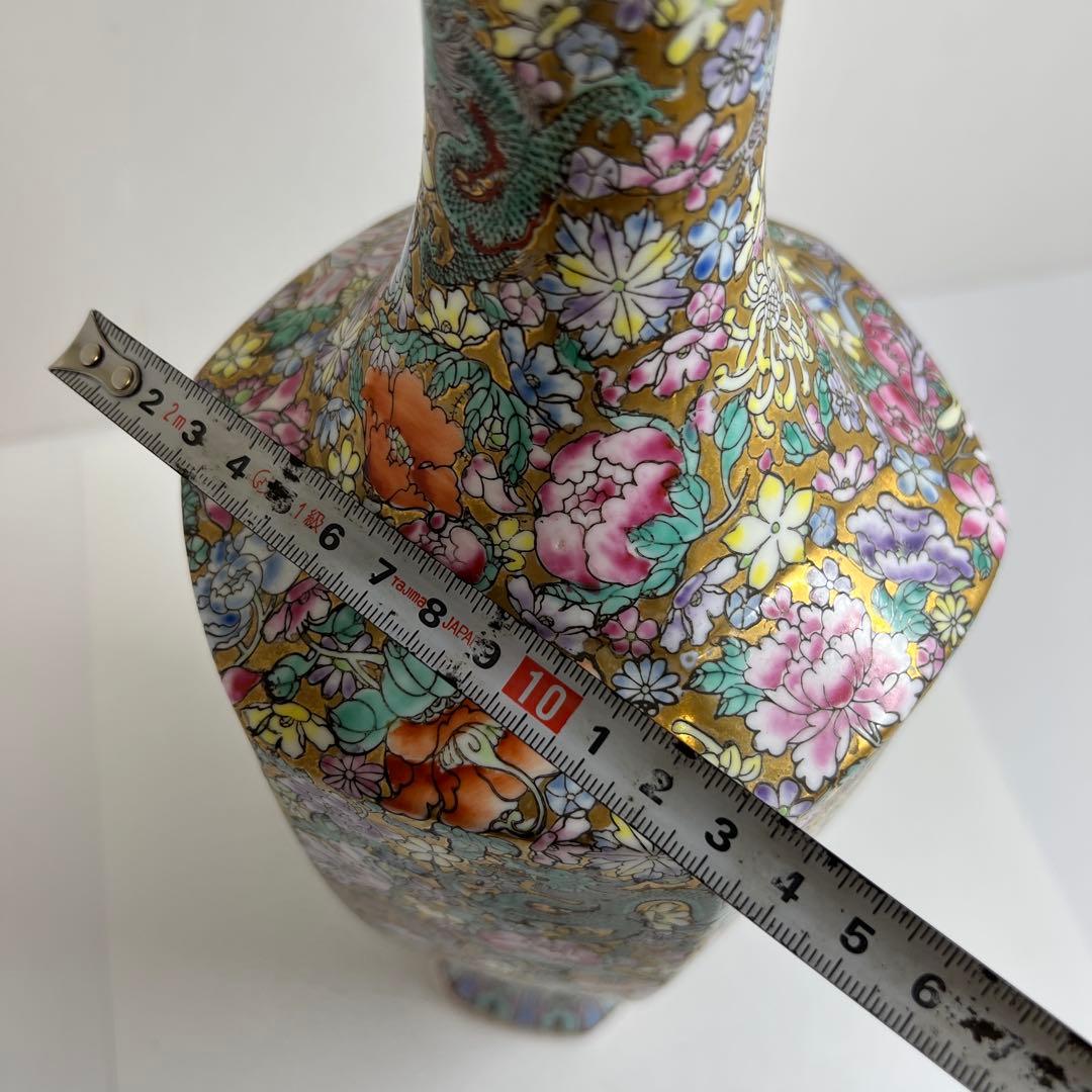 中国美術　粉彩　花と龍図花瓶　高さ44㎝　東Y7-0530③タサオ