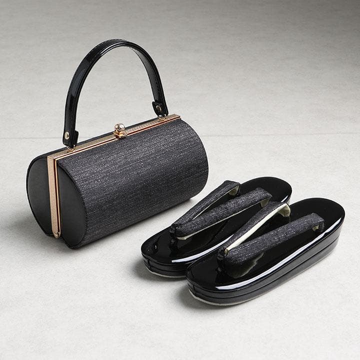 【新品】振袖用 草履バッグセット　無地ラメ糸使用　ブラック　24cm　N
