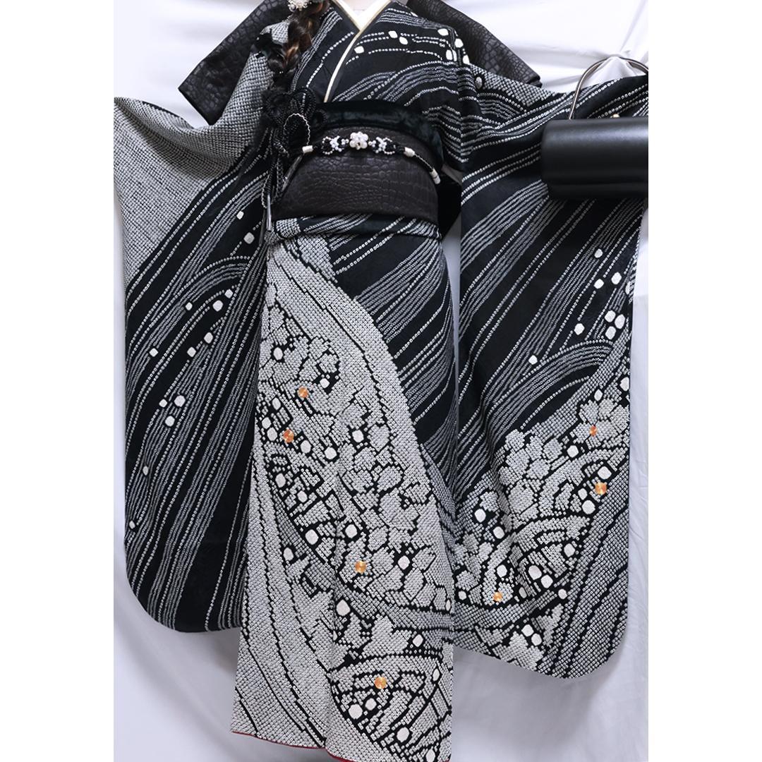 【美品】 振袖6点セット ◆丈157cm◆黒フルセット総絞り正絹帯新品Tc11