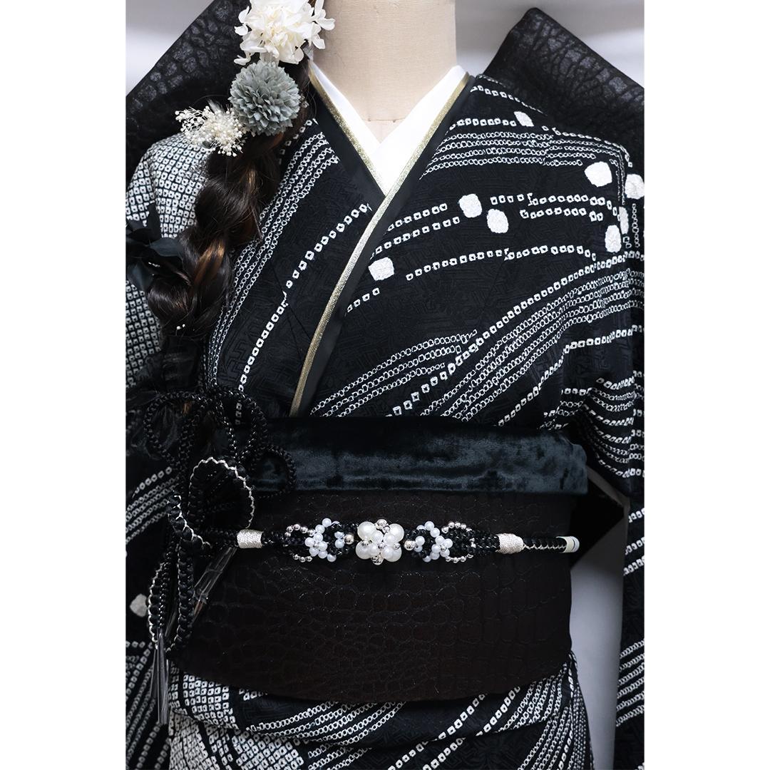 【美品】 振袖6点セット ◆丈157cm◆黒フルセット総絞り正絹帯新品Tc11