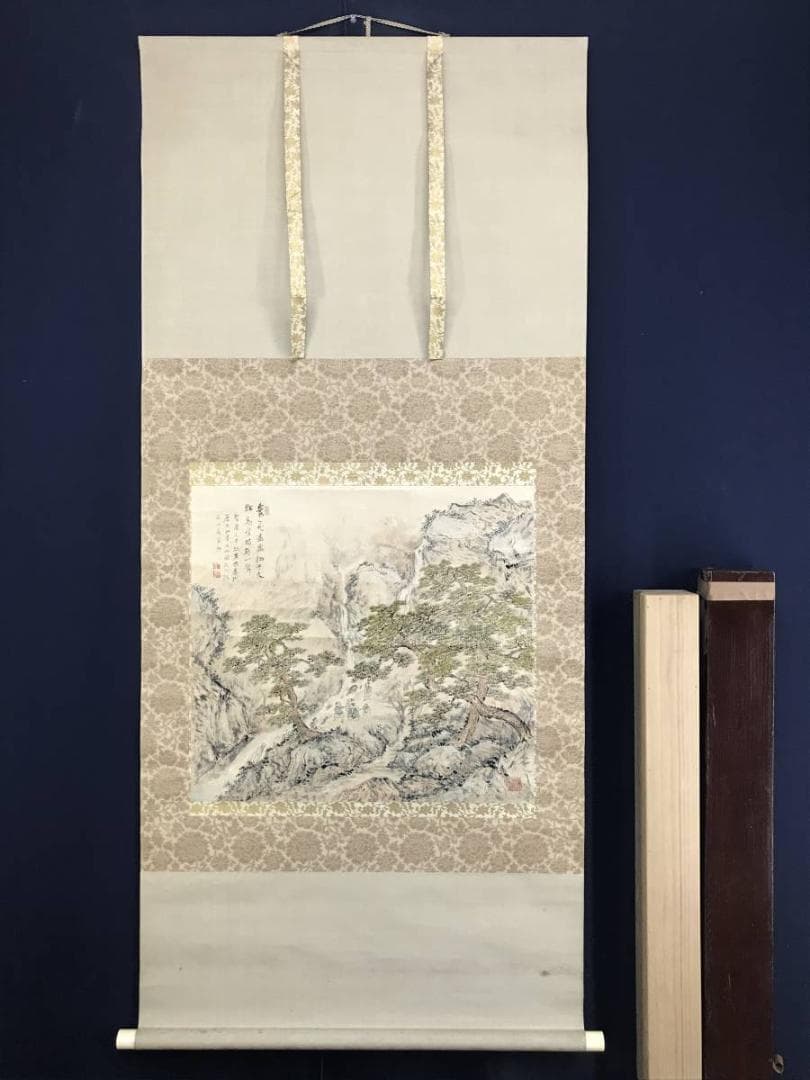 真作/矢野橋村/滝山水人物図/山水図/掛軸/名家伝来/AE-44