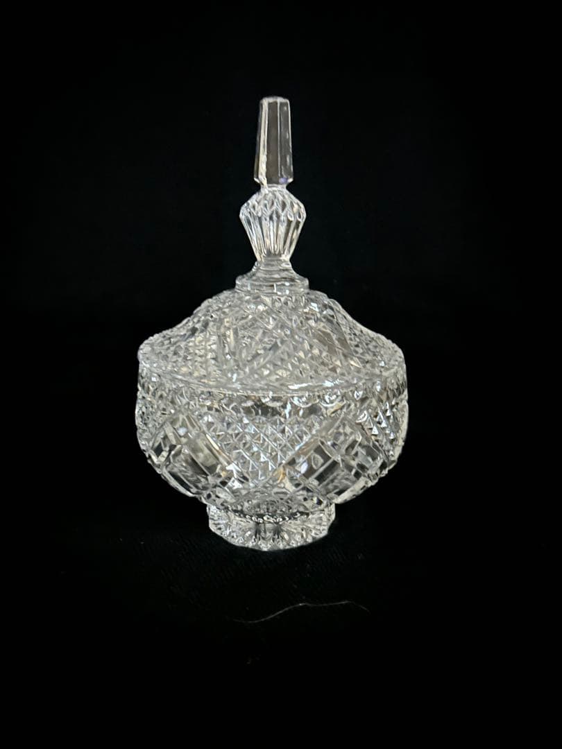 [美品]クリスタルガラス 蓋付きボウル カットデザイン