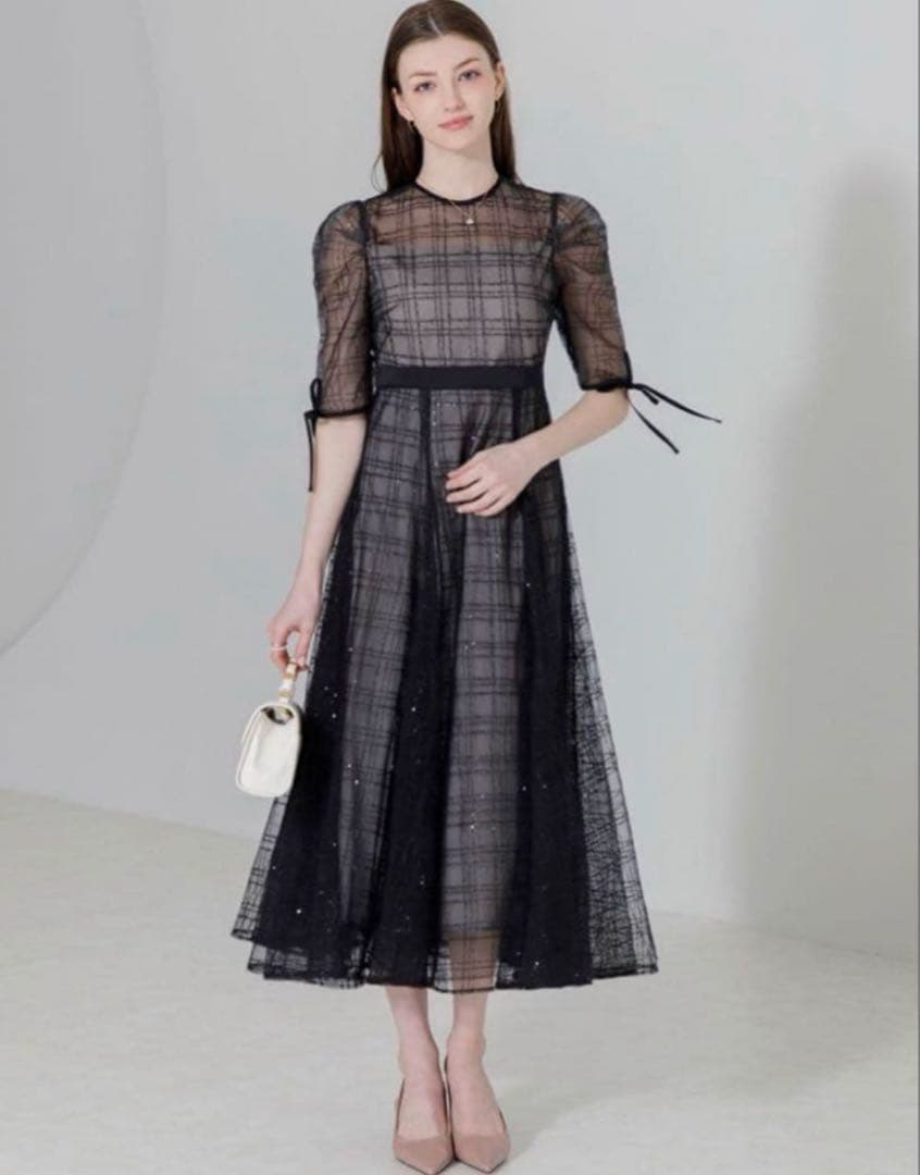 leja チェックスパンコールリボンワンピースドレス結婚式 パーティー 二次会