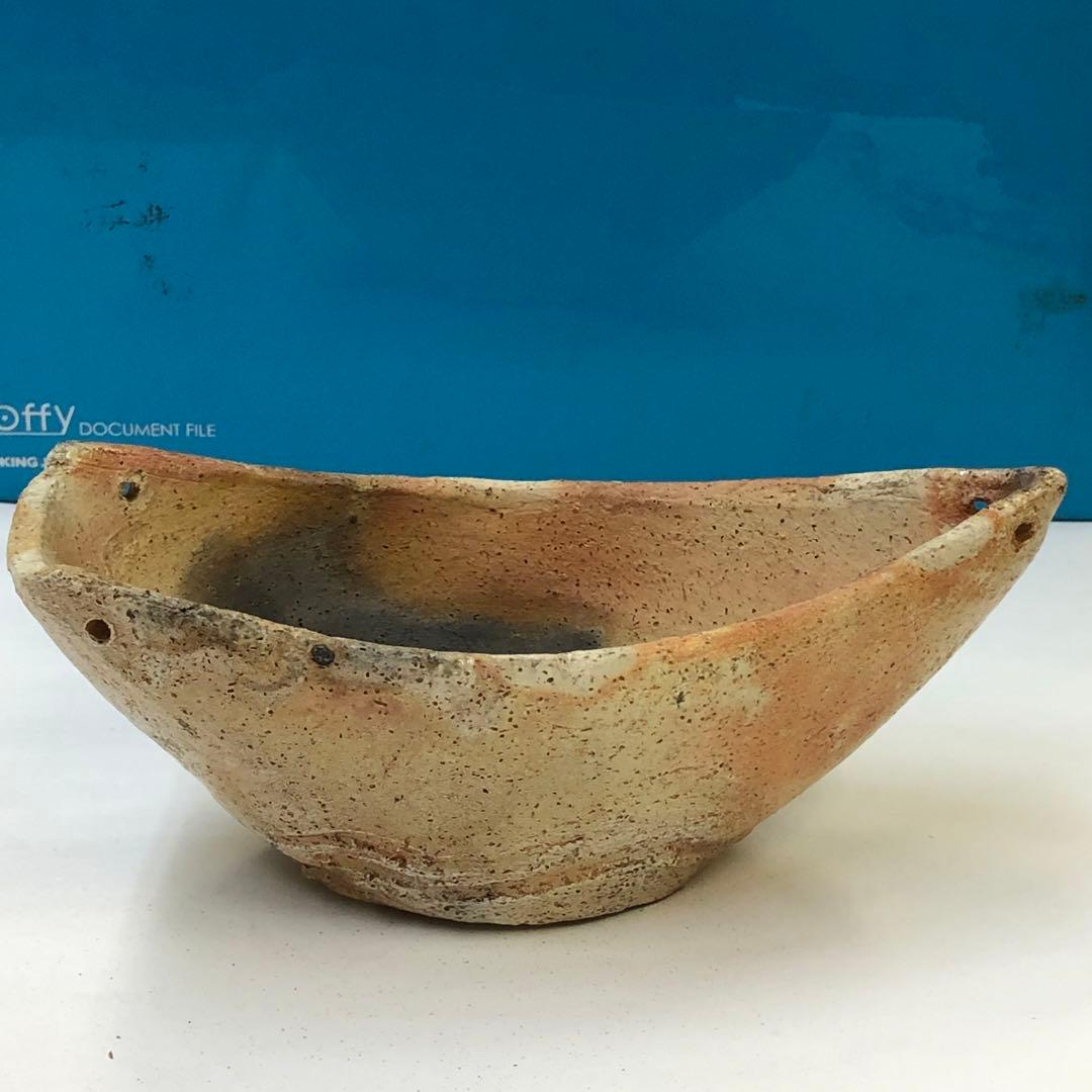 清水六兵衛造　舟形花生　茶道具　花器　素焼き　骨董品　時代物　焼き物