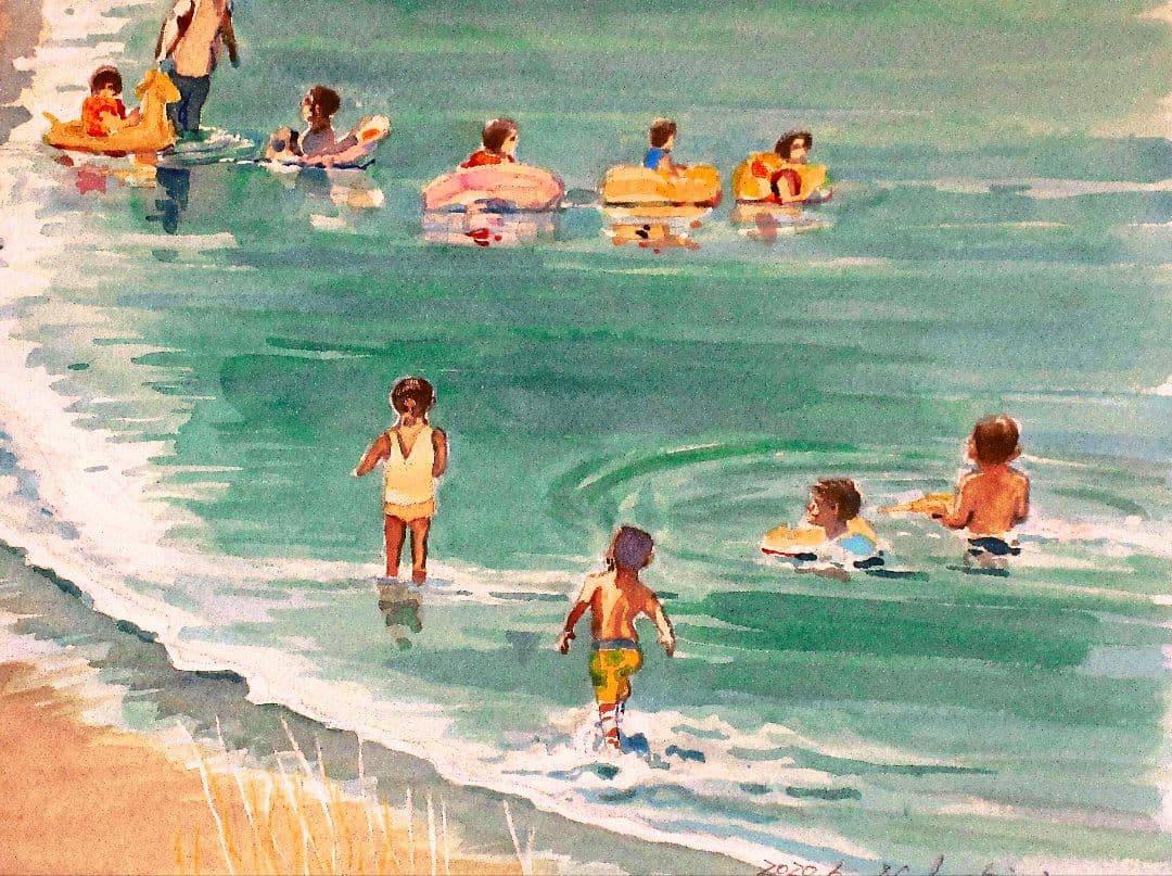 水彩画 海水浴 2020年 原画 F6サイズ 額縁付き