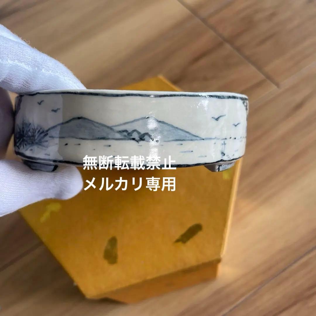 盆栽鉢　桑津香石　絵鉢　楕円形　浅型　山野草　小品盆栽