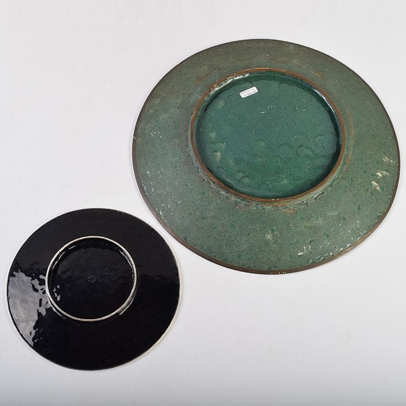 中国　古七宝琺瑯彩　七宝焼　安藤七宝店　盤　皿　2点　時代箱付　M　R9532B