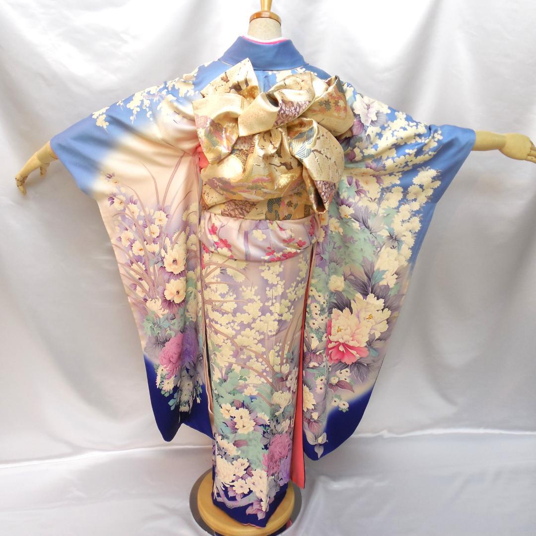 美品★振袖フルセット　正絹　成人式　振袖　7点セット　Mサイズ　水色　花柄