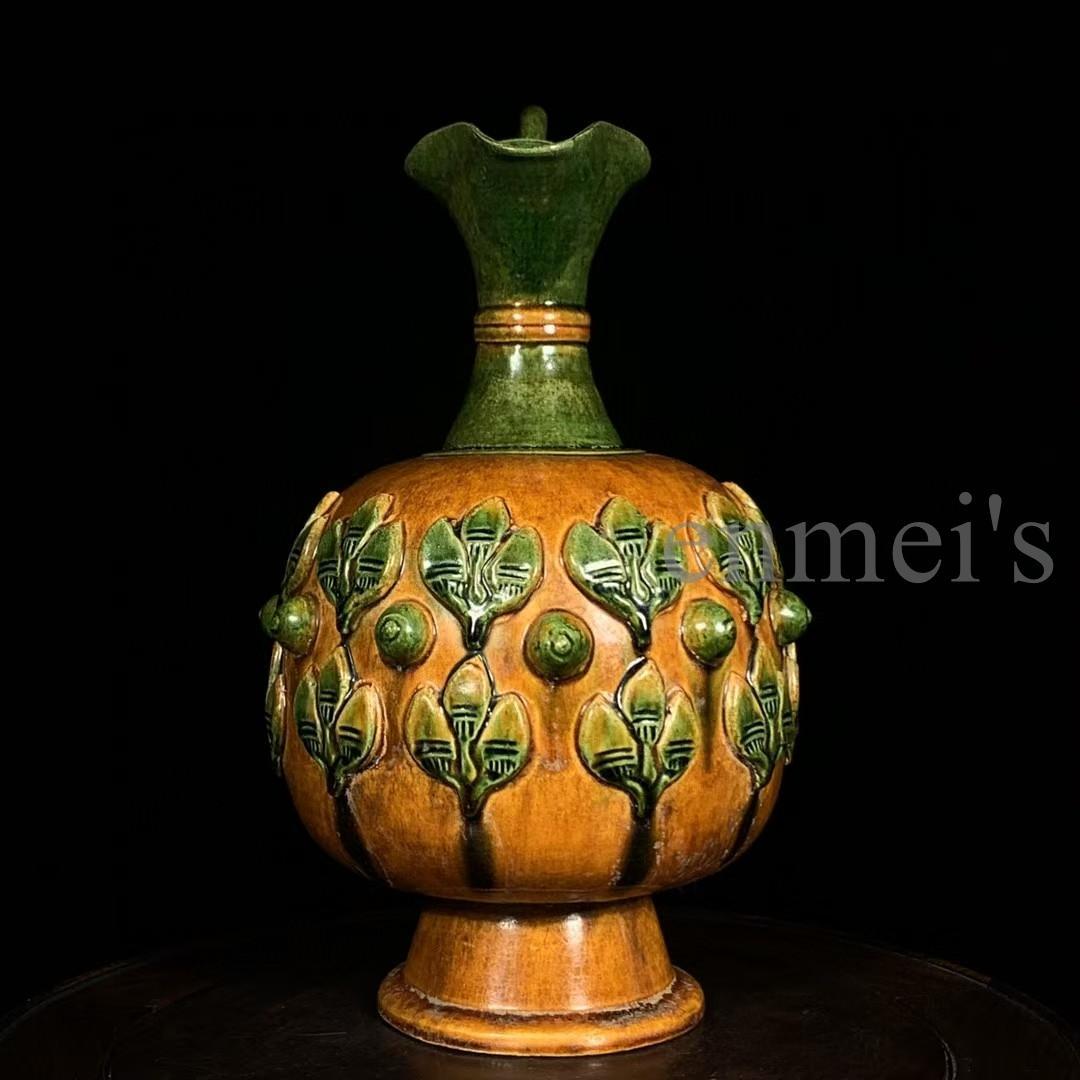 中国古美術 【唐三彩】 陶器製 花卉彫刻 植物文様 彫刻細工 壺 花器 古陶磁
