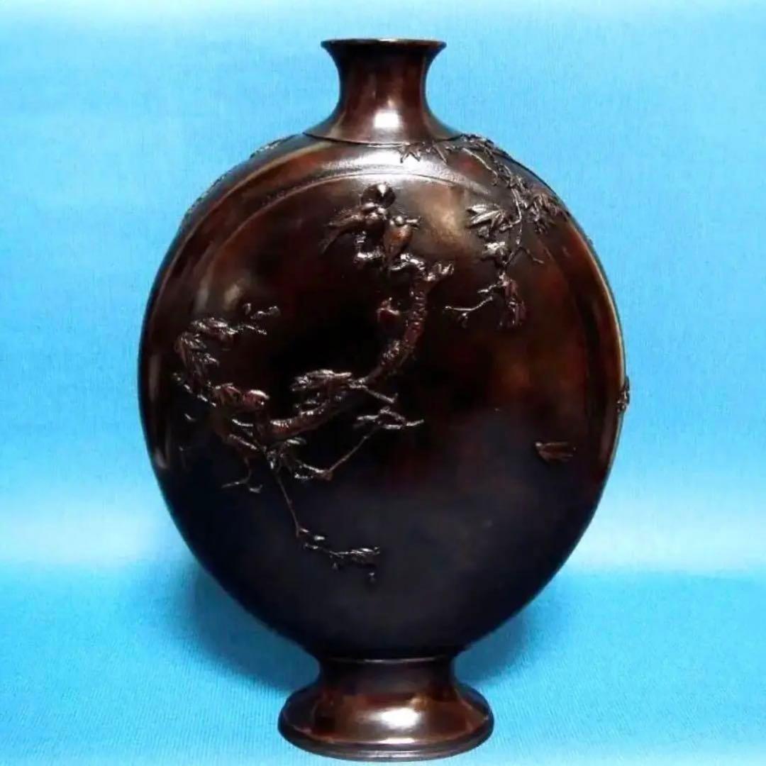 603『唐銅 竹に雀 花瓶 箱付き』　　/骨董品 古美術 古玩 アンティーク