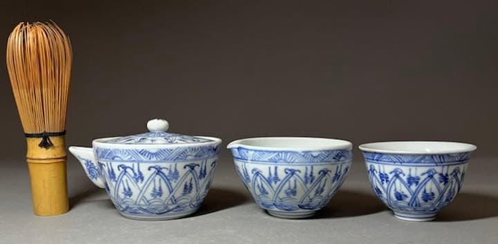 【エビス】急須 湯冷まし 茶碗 九谷焼 染付 青華 煎茶道具 宝瓶 木の茶盤付