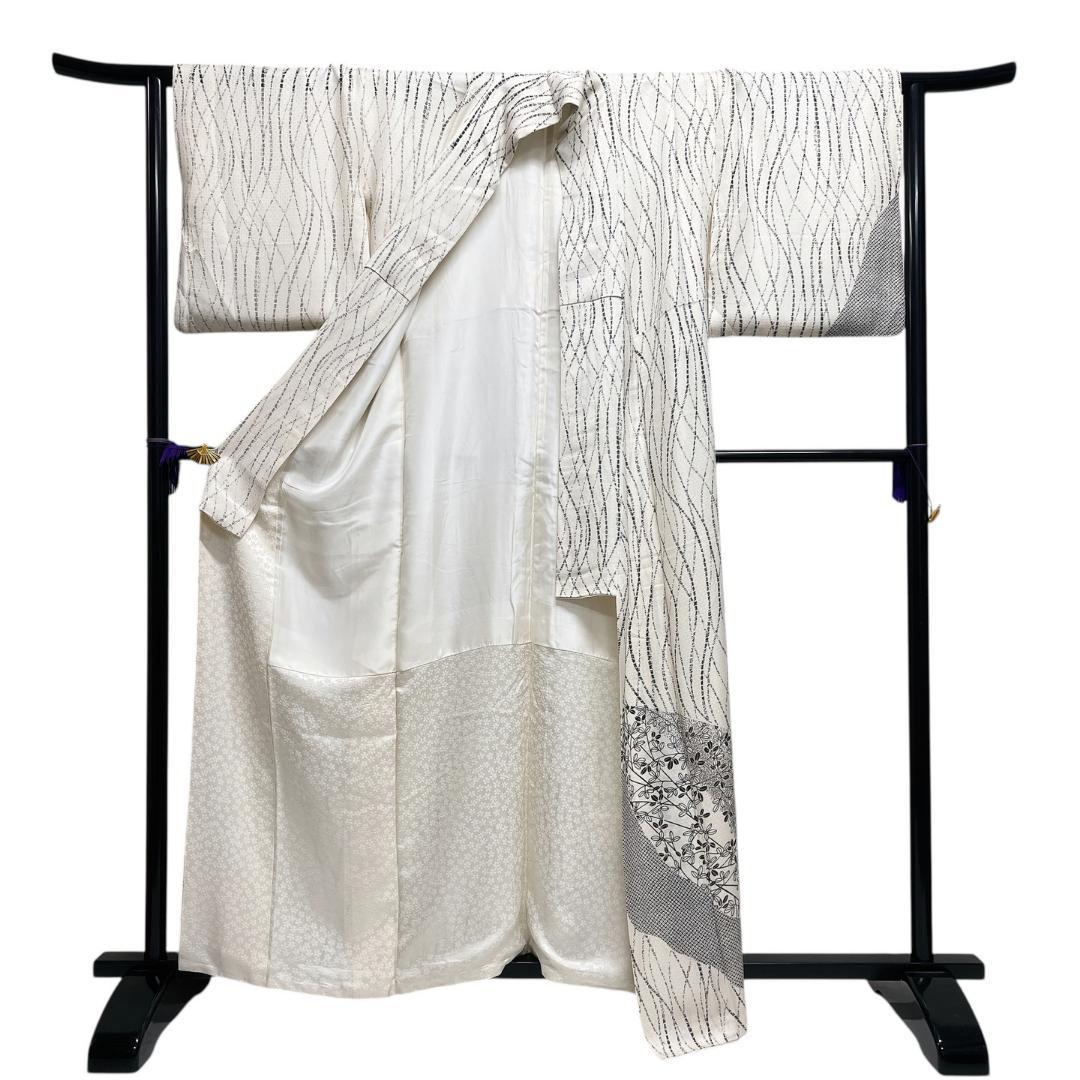 作家もの　付け下げ　モノトーン　よろけ　縦縞　網目地紋　着物　114b d ms