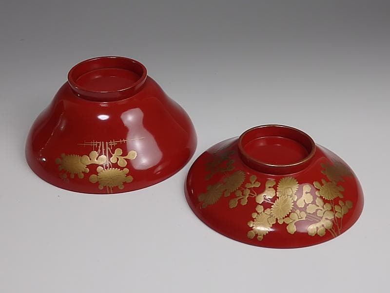 金蒔絵　 小菊の図　 朱塗吸物椀　木製品　６客　A- GGm