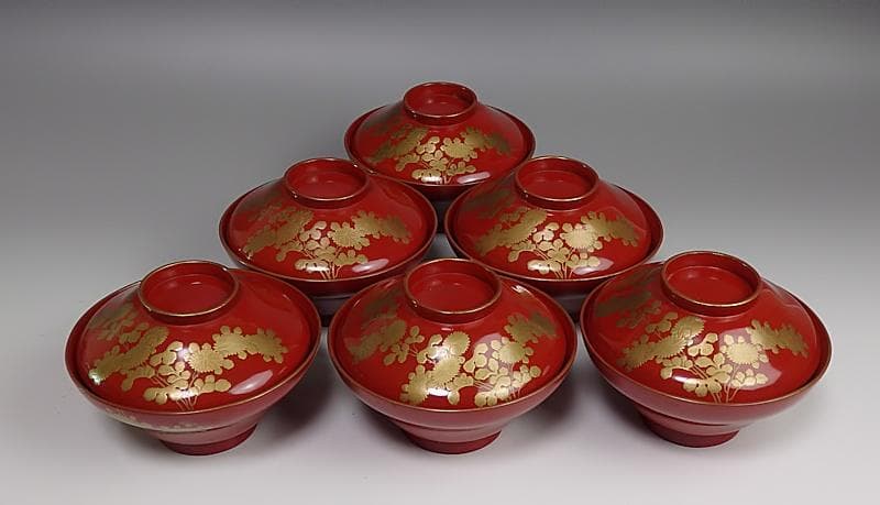 金蒔絵　 小菊の図　 朱塗吸物椀　木製品　６客　A- GGm