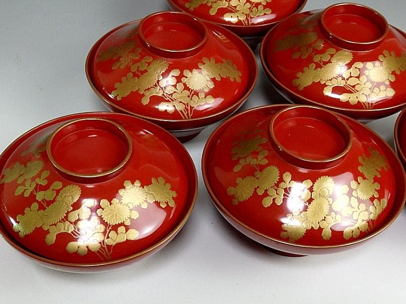 金蒔絵　 小菊の図　 朱塗吸物椀　木製品　６客　A- GGm