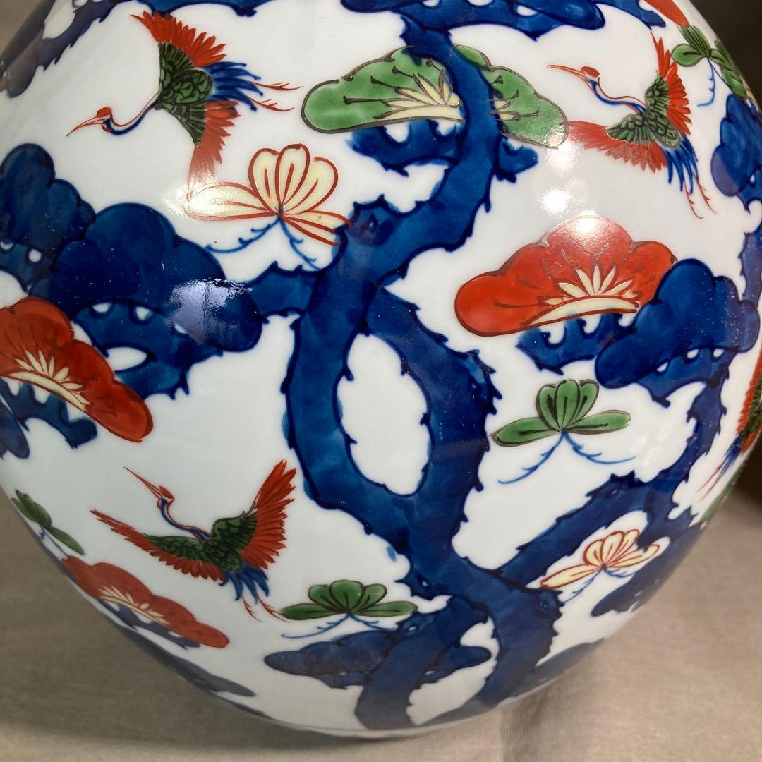 【源右衛門】古伊万里の伝統　日本の名窯　舘林源右衛門作　染錦松鶴文　花瓶