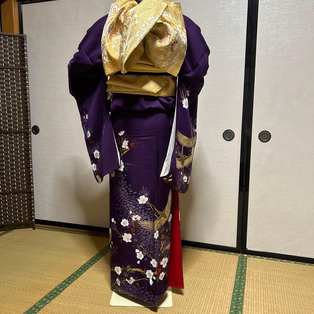 中古美品紫色の鶴と花の金彩友禅中振袖 と袋帯　長襦袢の3点セット