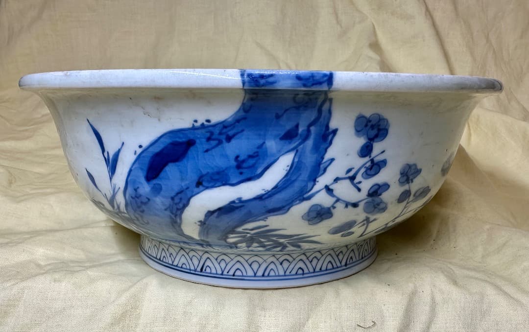 大明成化年製・ボウル陶碗・青染・松一本柄