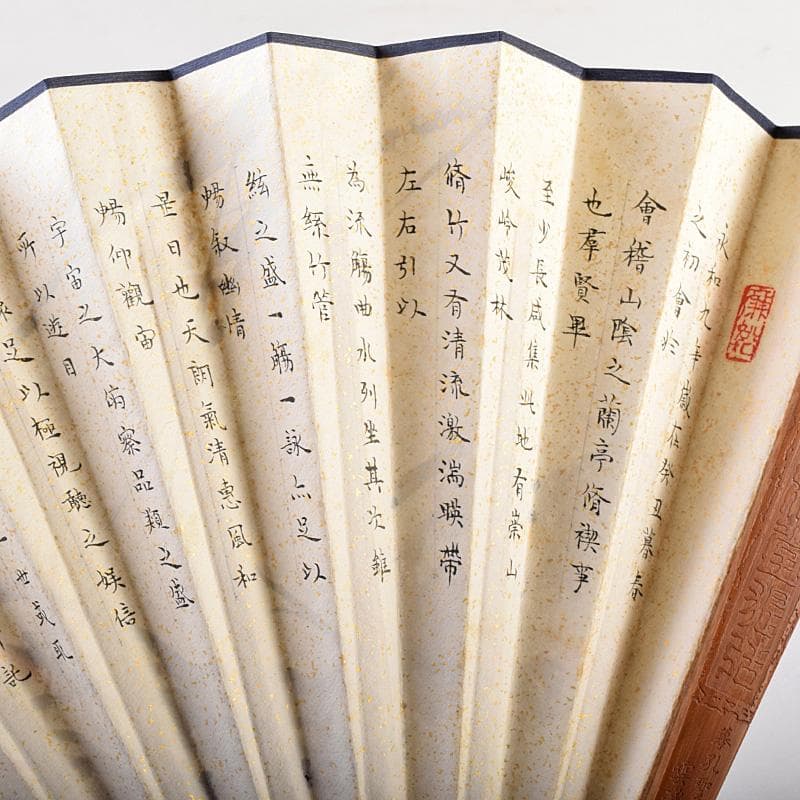 中国　雲溪竹人刻親骨　水墨画　漢詩花図　扇子　M　R8802