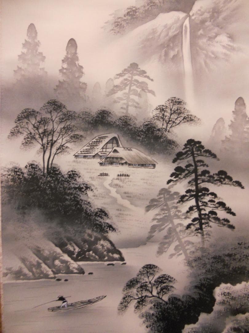 掛け軸 鈴木圭泉 水墨山水 絹本 希少 軸装 茶道具 掛軸 美品 です。