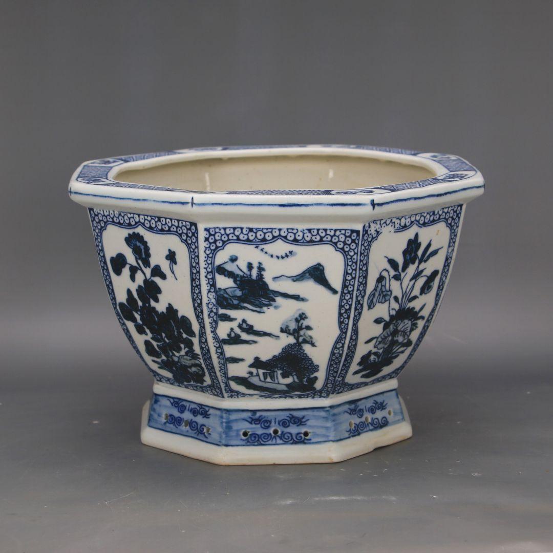 景徳鎮 陶磁器 青花磁器六方鉢 盆栽鉢 植木鉢 多肉植物鉢 小品盆栽鉢 山野草鉢