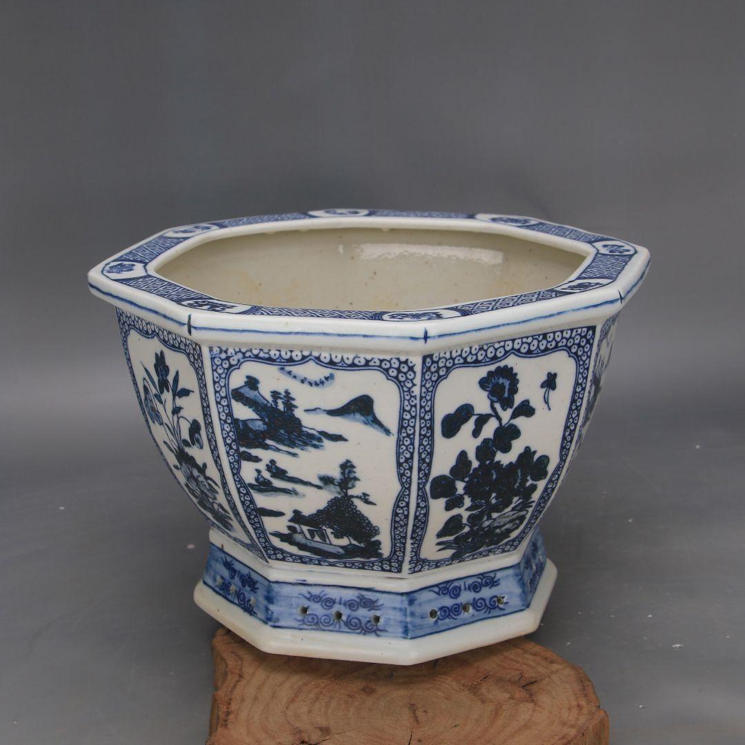 景徳鎮 陶磁器 青花磁器六方鉢 盆栽鉢 植木鉢 多肉植物鉢 小品盆栽鉢 山野草鉢