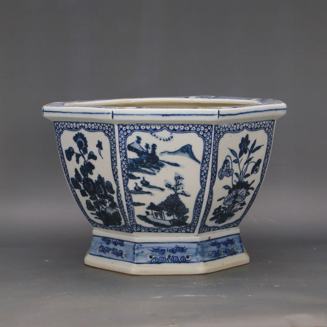 景徳鎮 陶磁器 青花磁器六方鉢 盆栽鉢 植木鉢 多肉植物鉢 小品盆栽鉢 山野草鉢