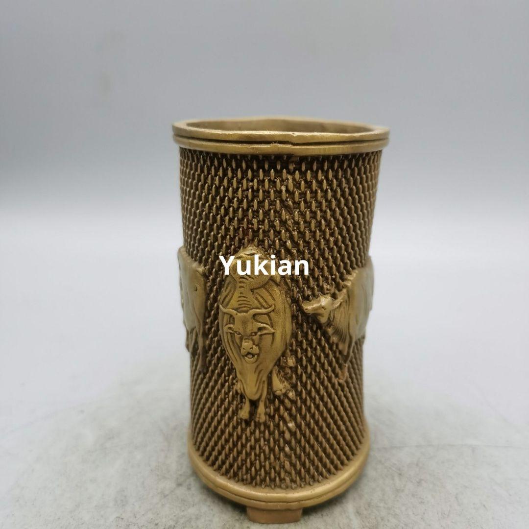 銅器 五牛筆筒 筆置 筆入 書道具 文房具 装飾品 工芸品 美術品