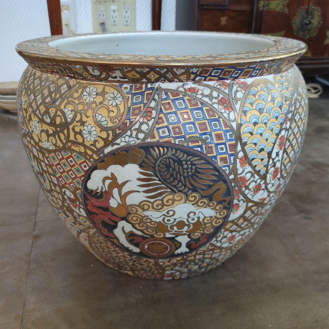 骨董 金魚 鉢 水鉢 めだか 睡蓮鉢 鉢カバー テーブル 金箔装飾 陶器鉢