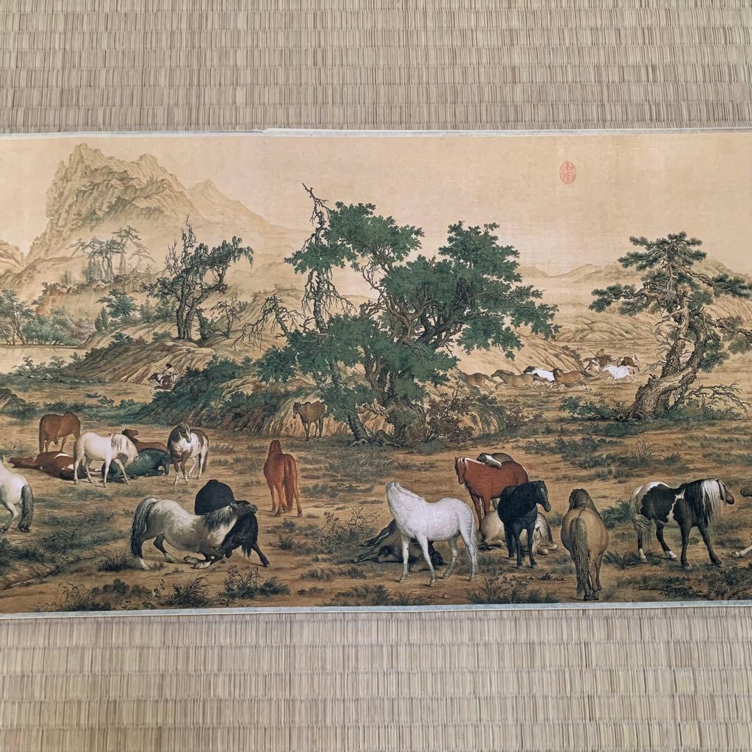 中国絵画　 清国の国師絵家　名家　清時代　郎世寧（最作)百駿図　国画巻き絵