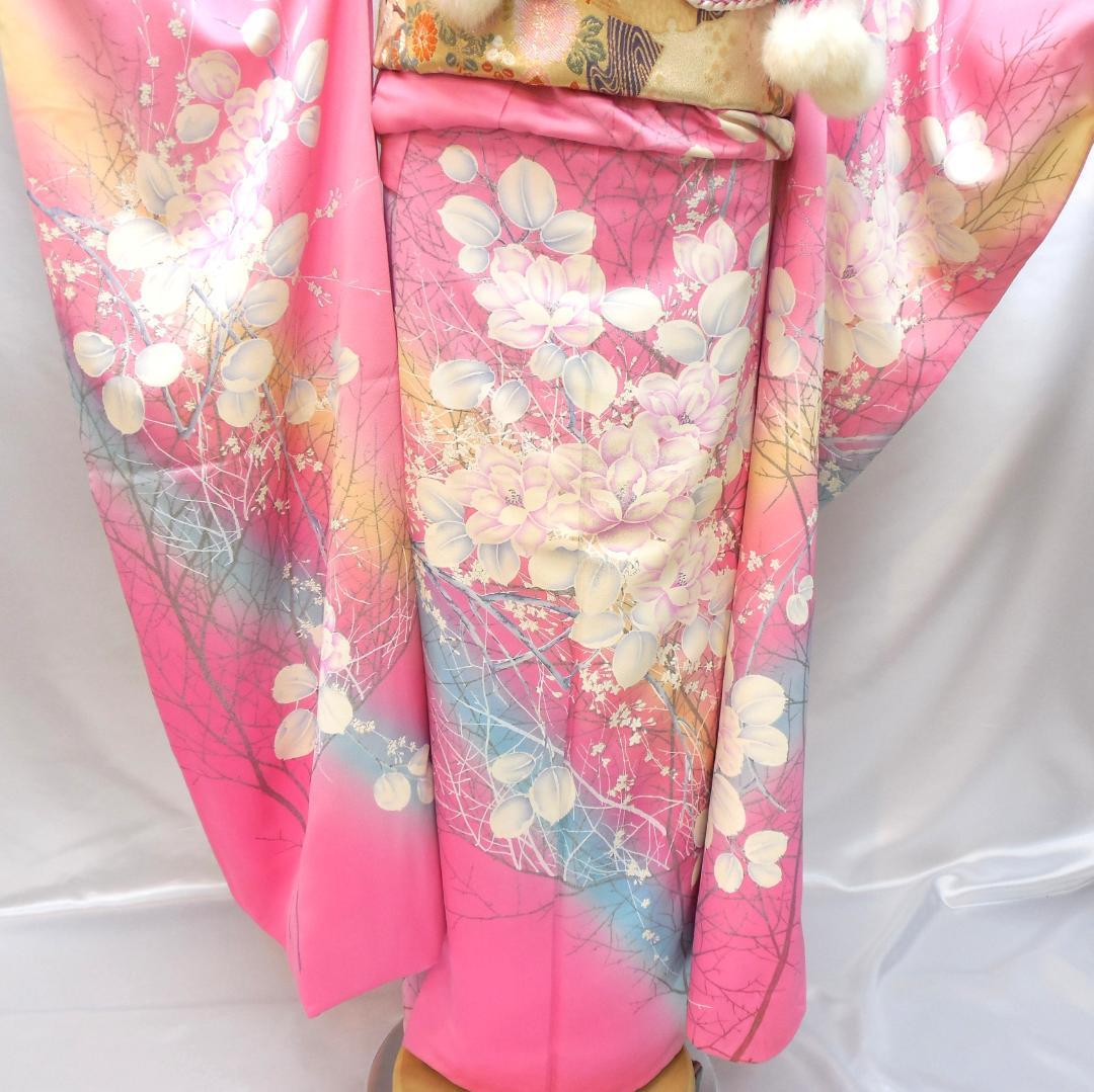 訳あり特価★美品　振袖フルセット　正絹　成人式　振袖　Mサイズ　ピンク　花柄